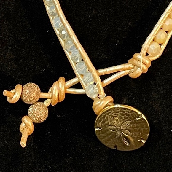 Metallic Leather Wrap Anklet Bracelet Hand Made with Sand Dollar Seashell Clasp - Picture 6 of 8